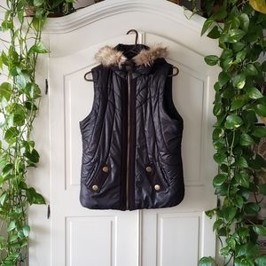 Black Puffy Vest with Removable Fur Trimmed Hood